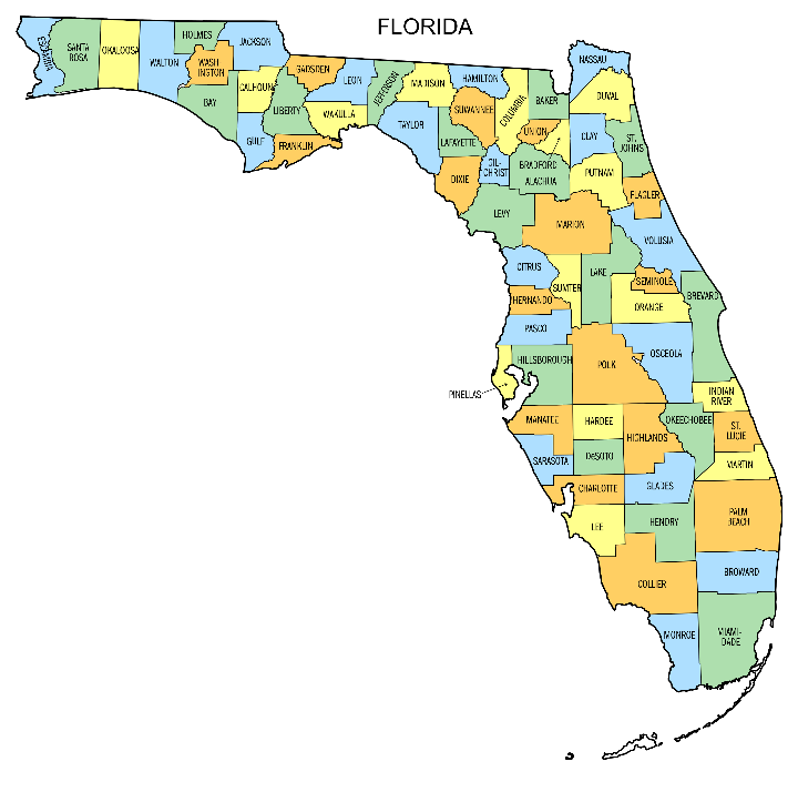 Mapa de los 67 condados de Florida con el nombre de cada uno